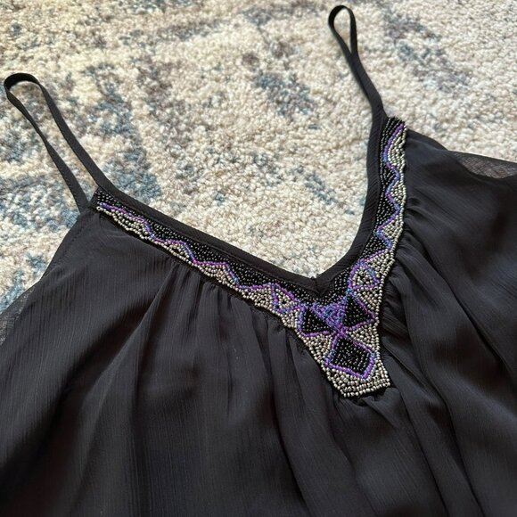 Express | Black Beaded Sheer Lined Slip Mini Dress Women's Small Spaghetti Strap - Picture 2 of 12